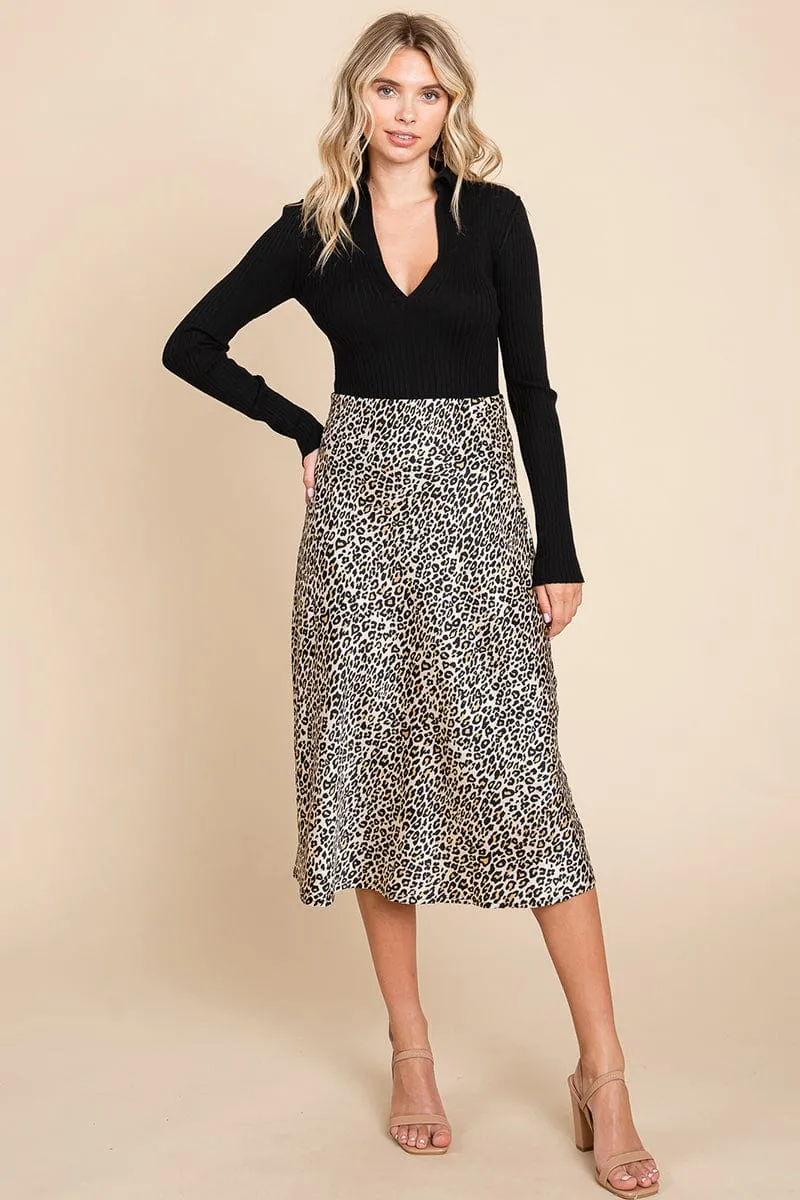 High Waist Satin A line Midi Skirt