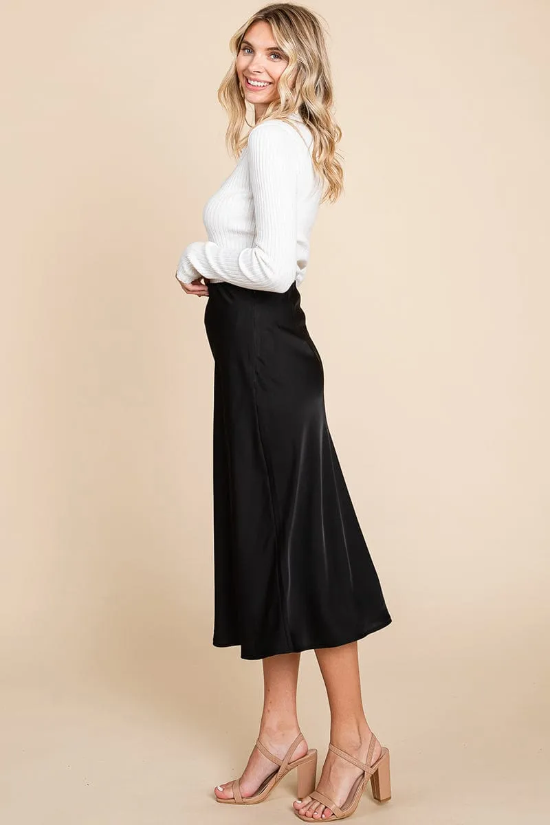 High Waist Satin A line Midi Skirt