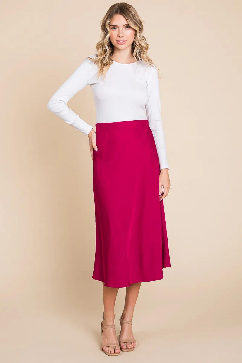 High Waist Satin A line Midi Skirt