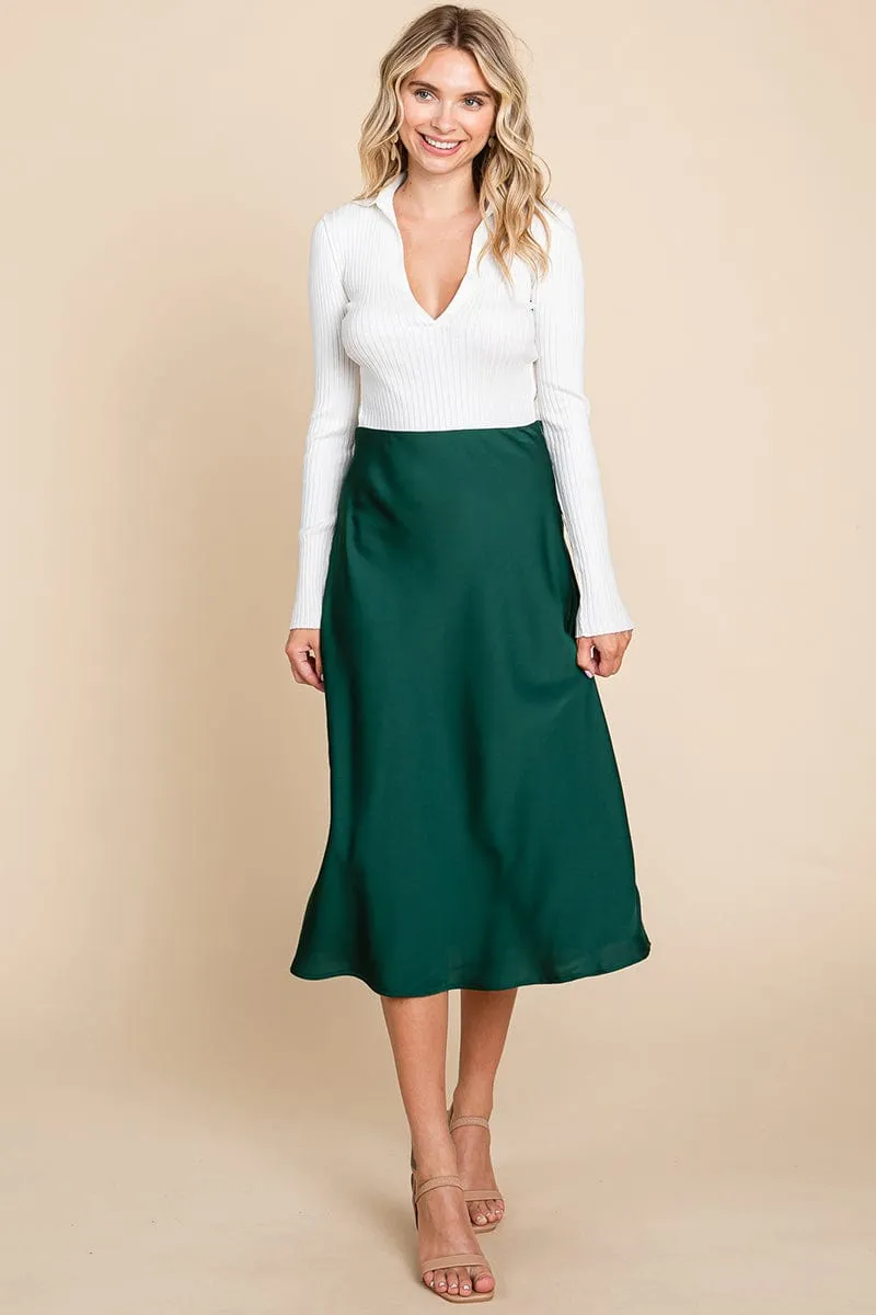 High Waist Satin A line Midi Skirt