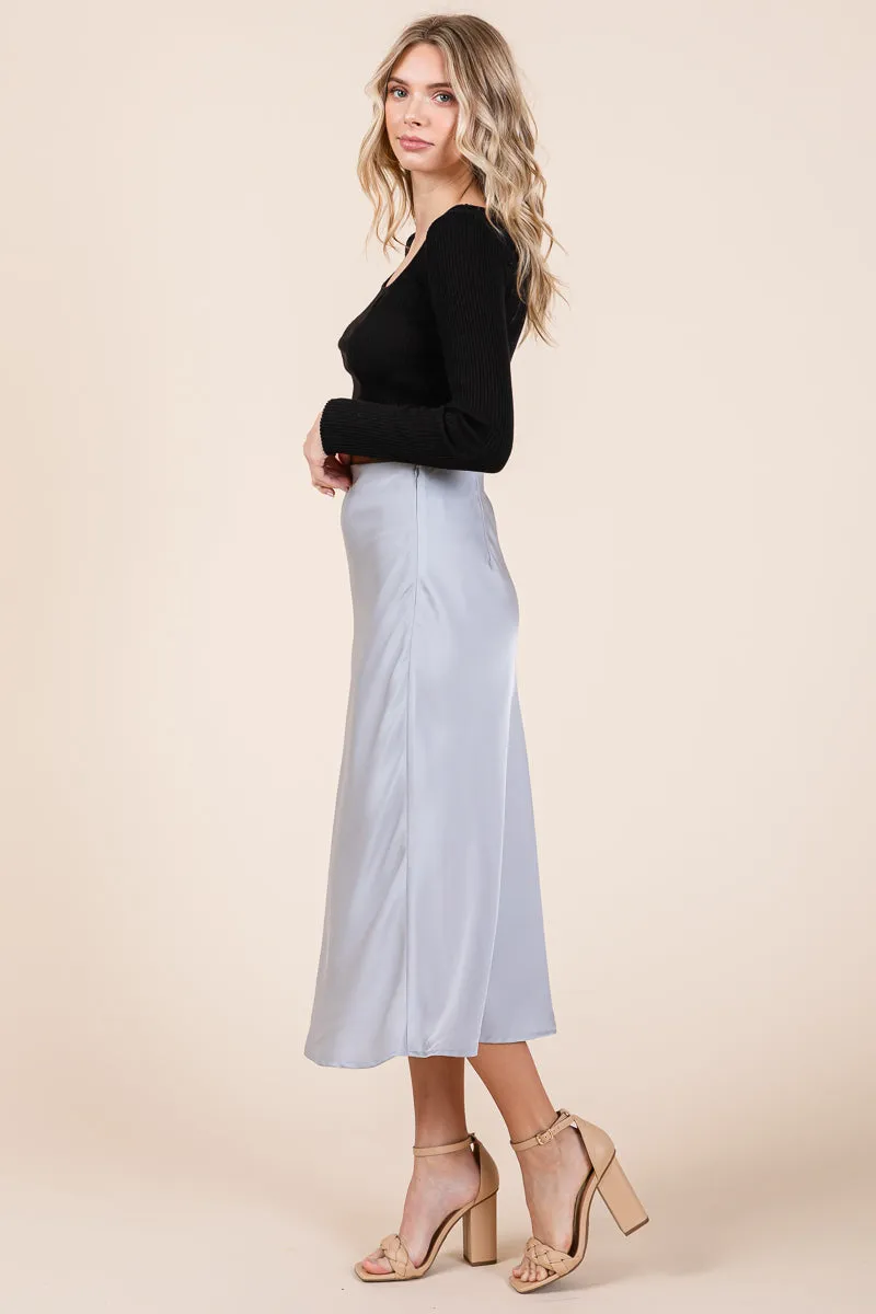 High Waist Satin A line Midi Skirt