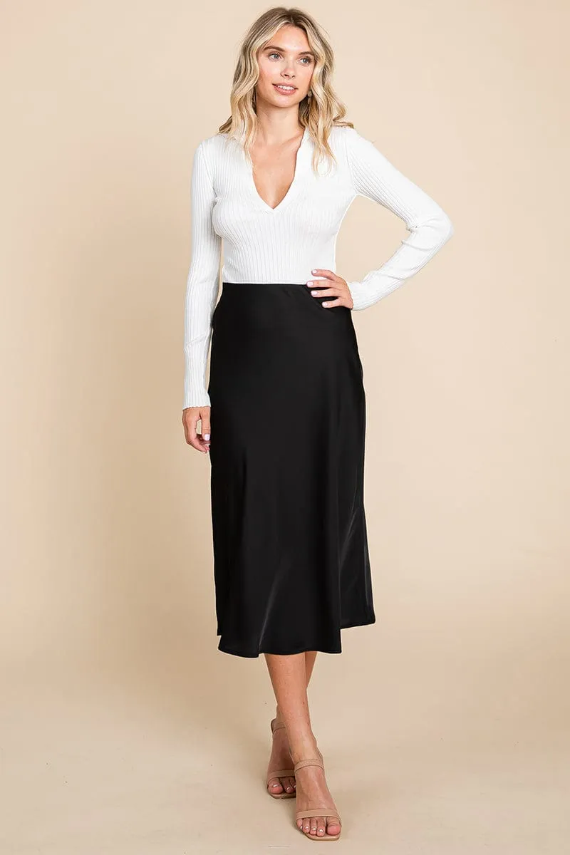 High Waist Satin A line Midi Skirt