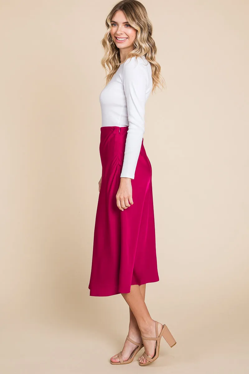 High Waist Satin A line Midi Skirt