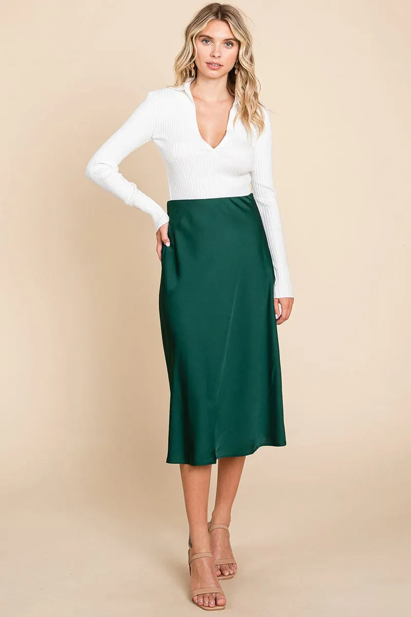 High Waist Satin A line Midi Skirt