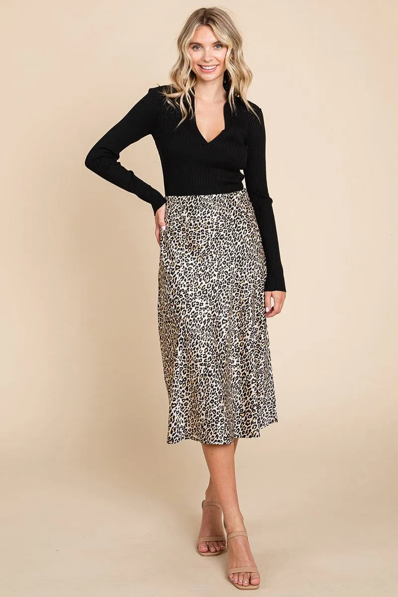 High Waist Satin A line Midi Skirt