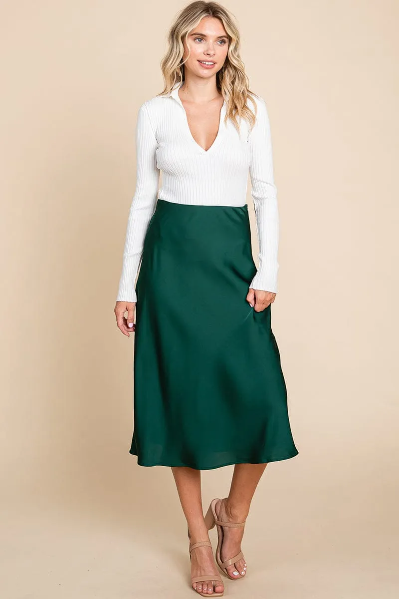 High Waist Satin A line Midi Skirt