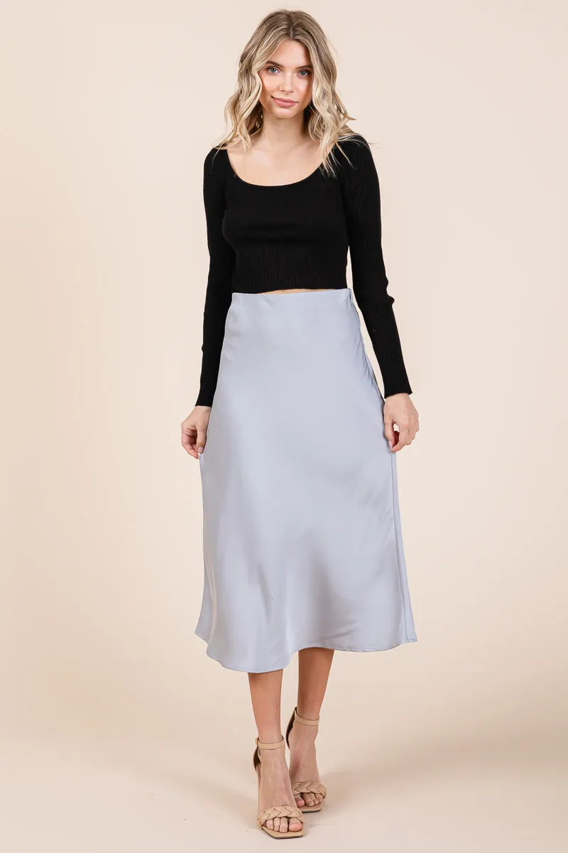 High Waist Satin A line Midi Skirt