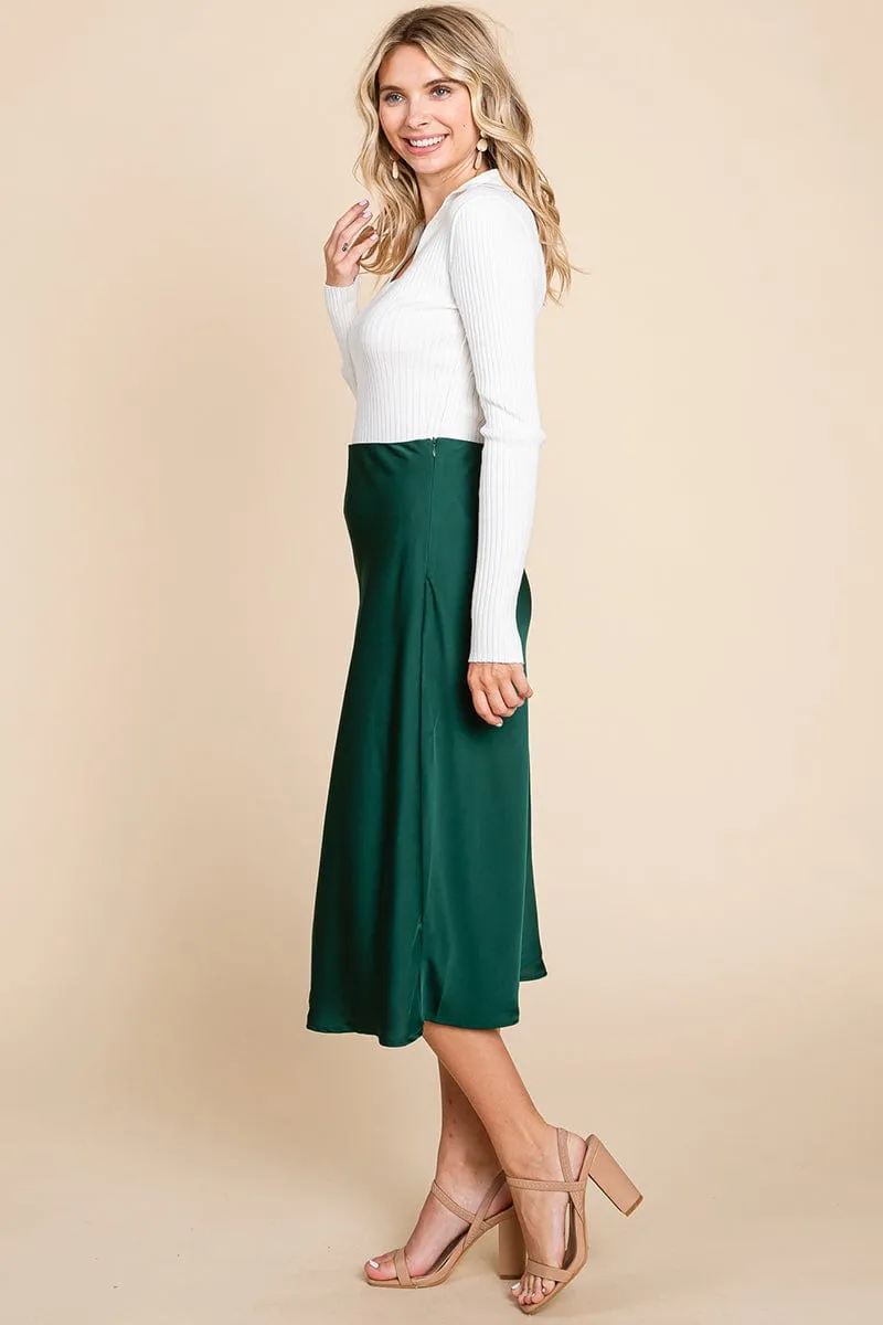 High Waist Satin A line Midi Skirt