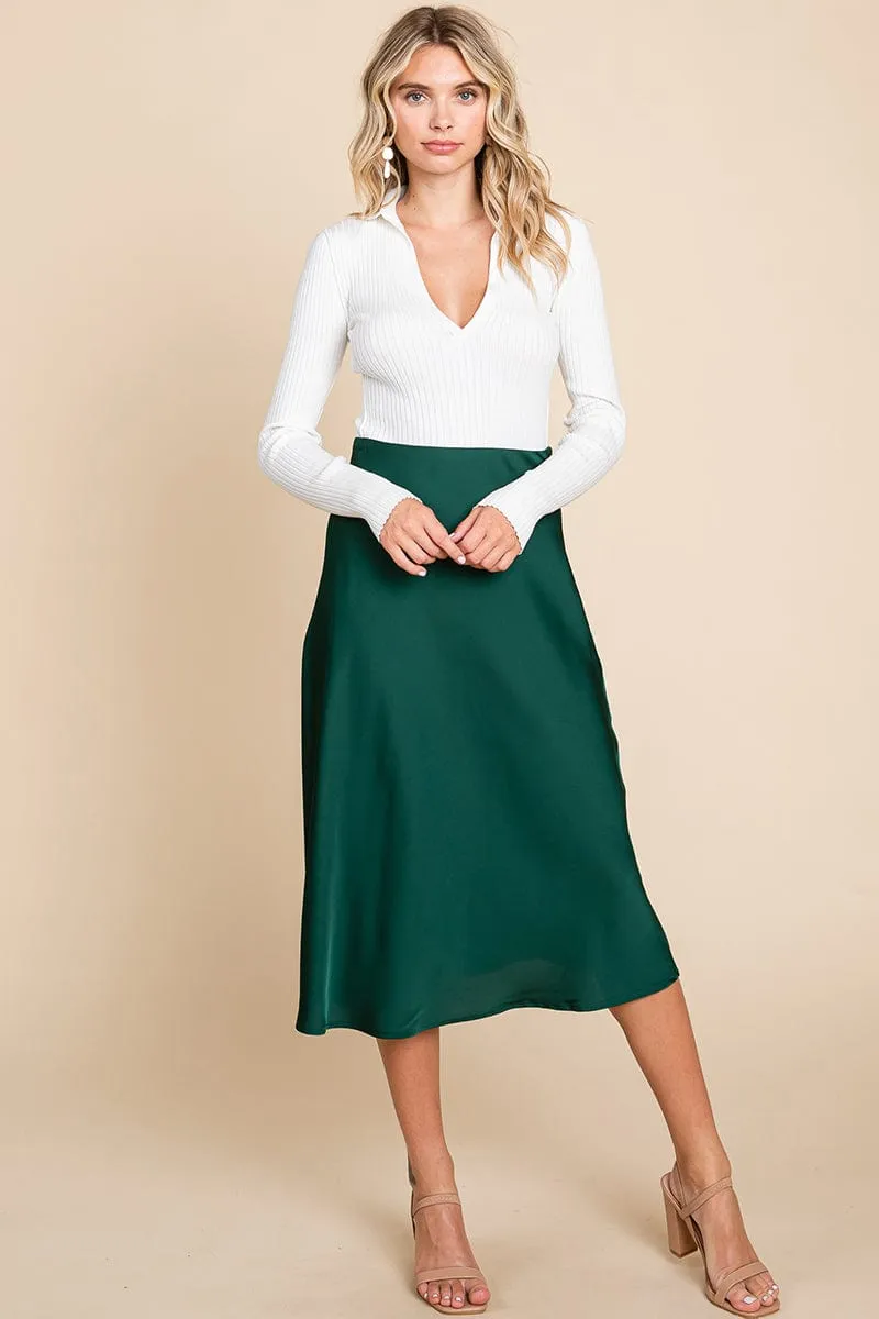 High Waist Satin A line Midi Skirt