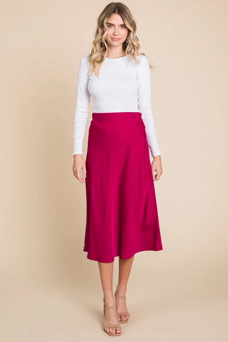 High Waist Satin A line Midi Skirt