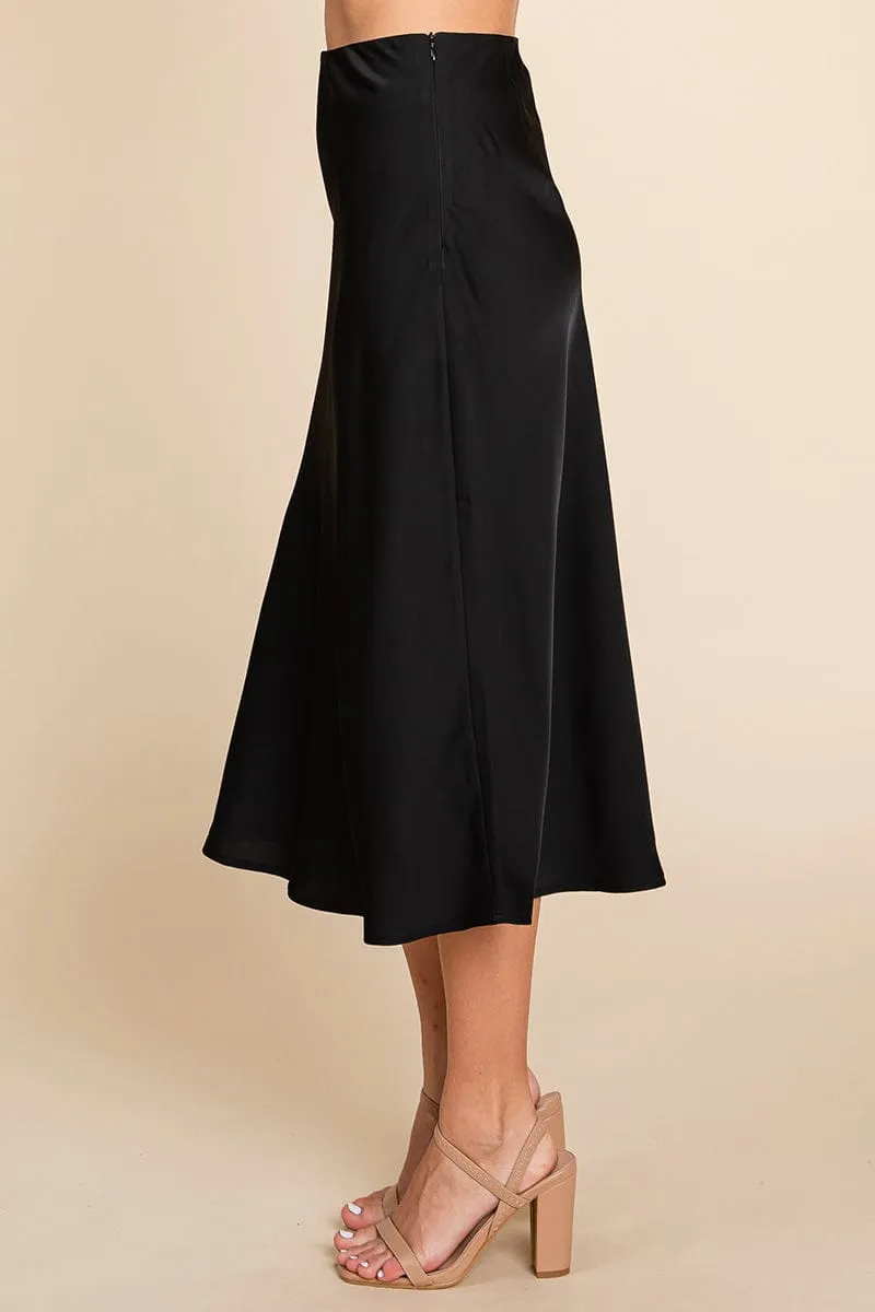 High Waist Satin A line Midi Skirt