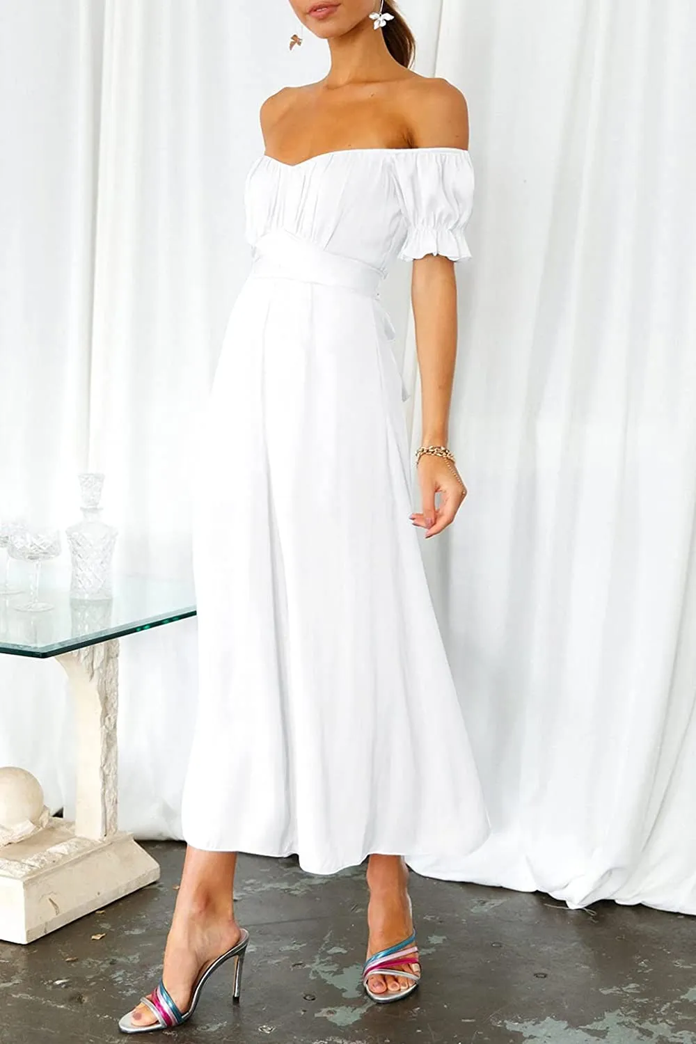 High Waist White Palazzo Puff Sleeve Sweetheart Jumpsuit