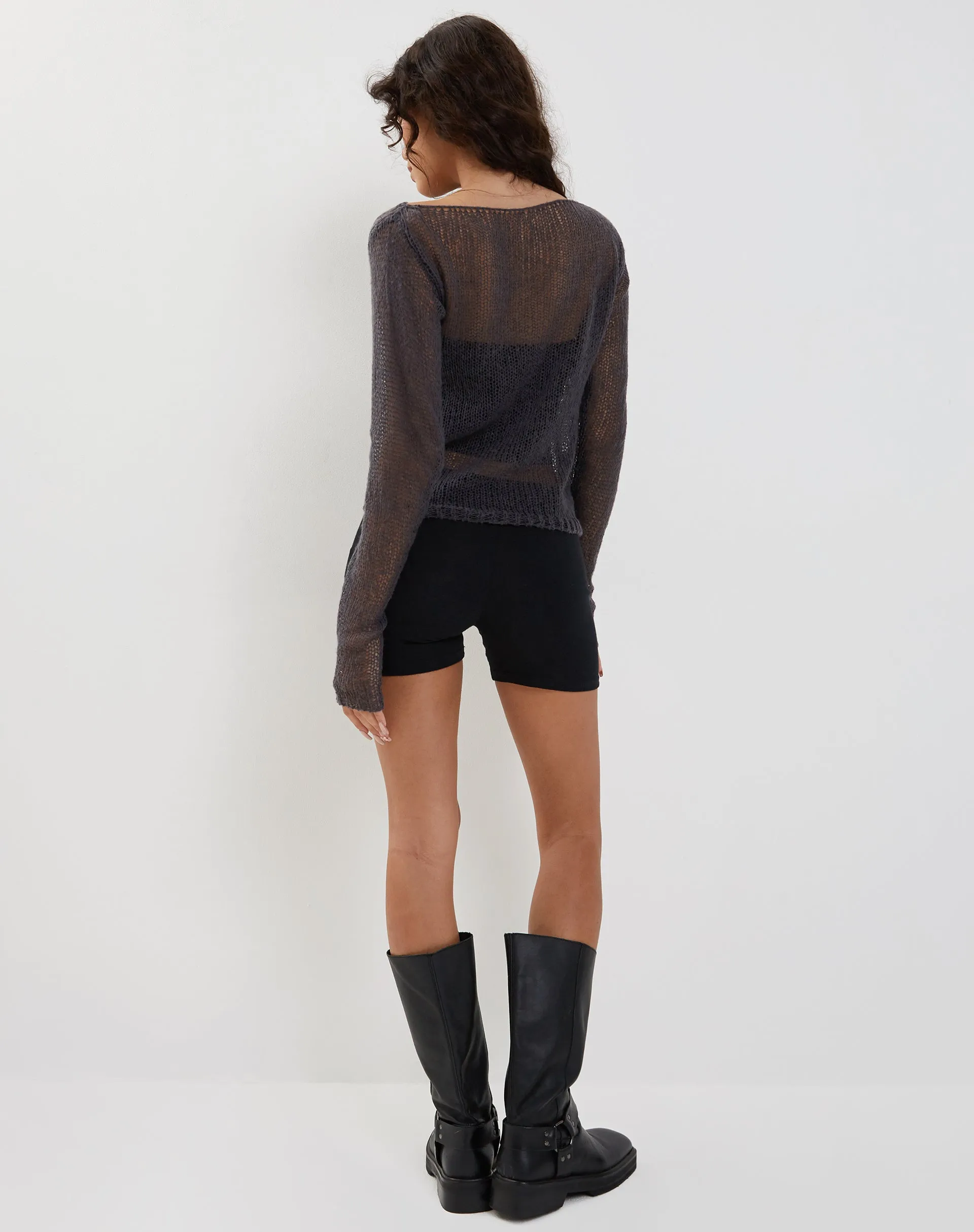 Imelda Fine Open Knit Long Sleeve Top in Dark Charcoal