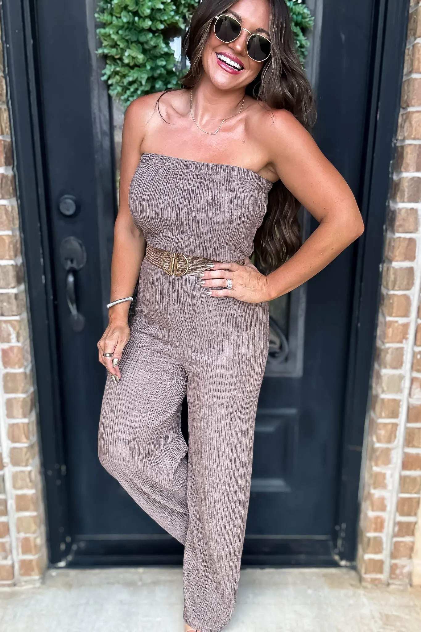 Iris Coco Strapless Belted Wide Leg Jumpsuit