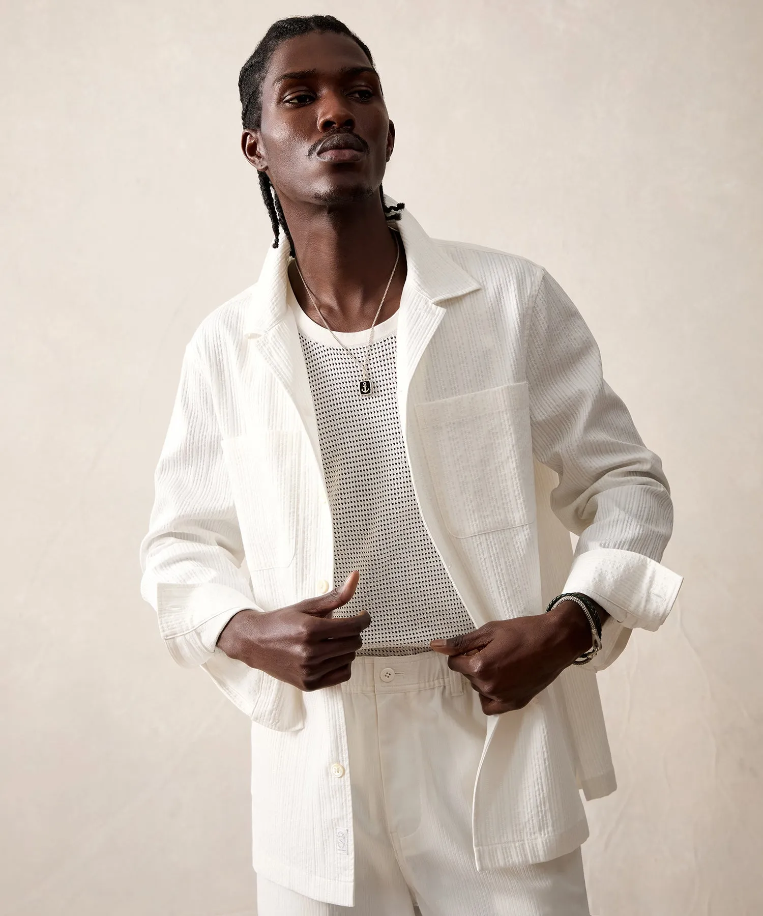 Italian Textured Overshirt in White