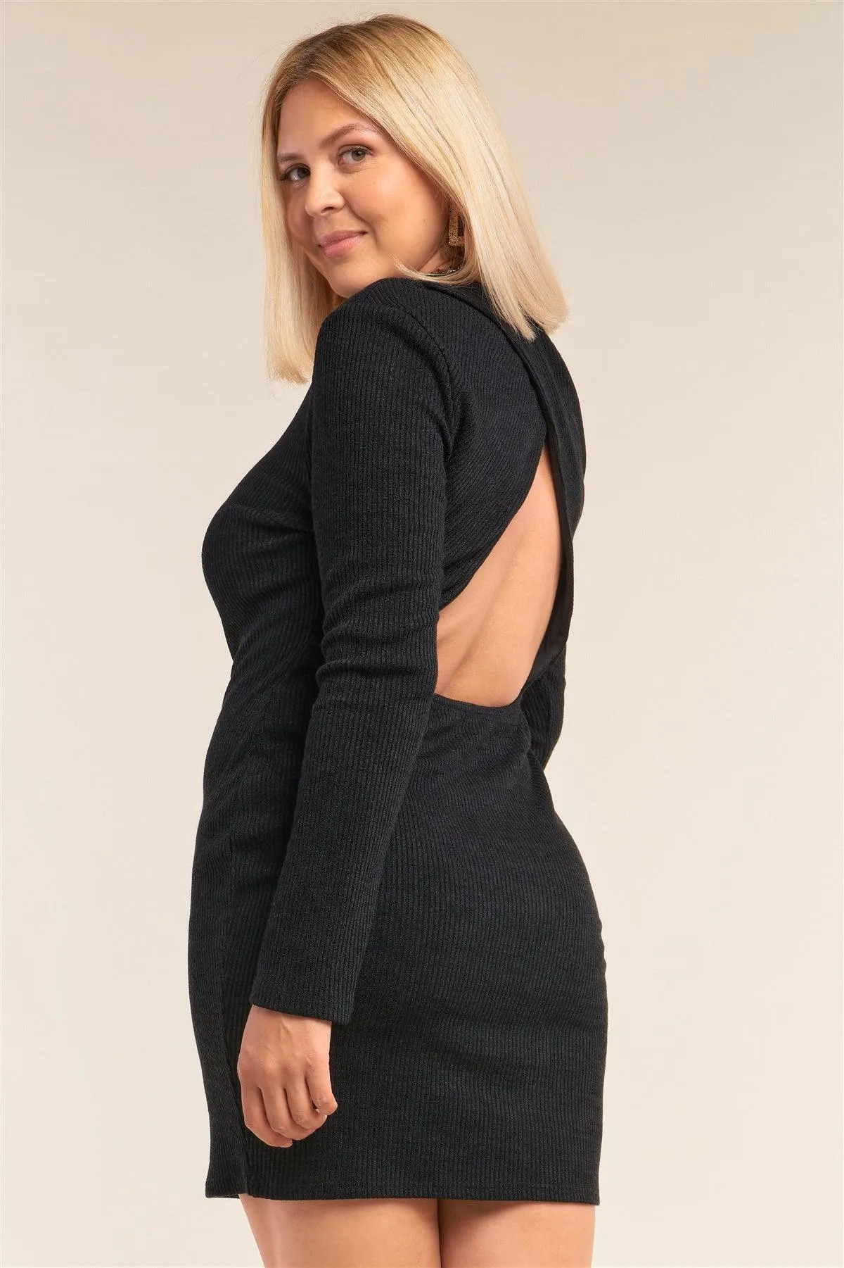 Junior Plus Size Black Long Sleeve Ribbed Knit Sexy Cut Out Back Mini Dress /2-2-2