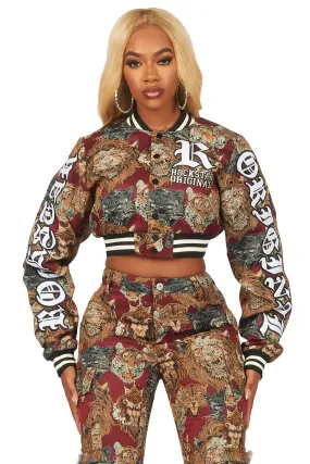 Khadiyah Red Crop Tapestry Varsity Jacket