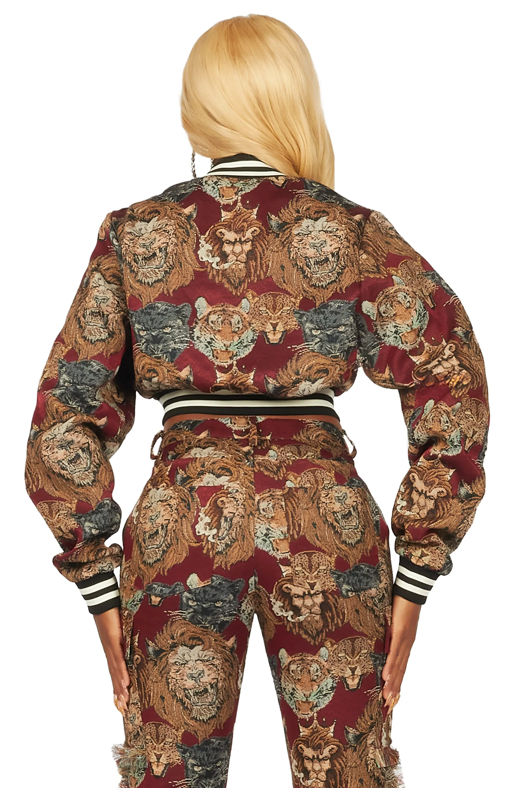 Khadiyah Red Crop Tapestry Varsity Jacket