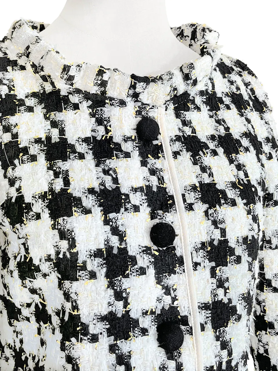 Last Chance! Houndstooth Ruffle Neckline Bouclè Tweed Woollen Jacket