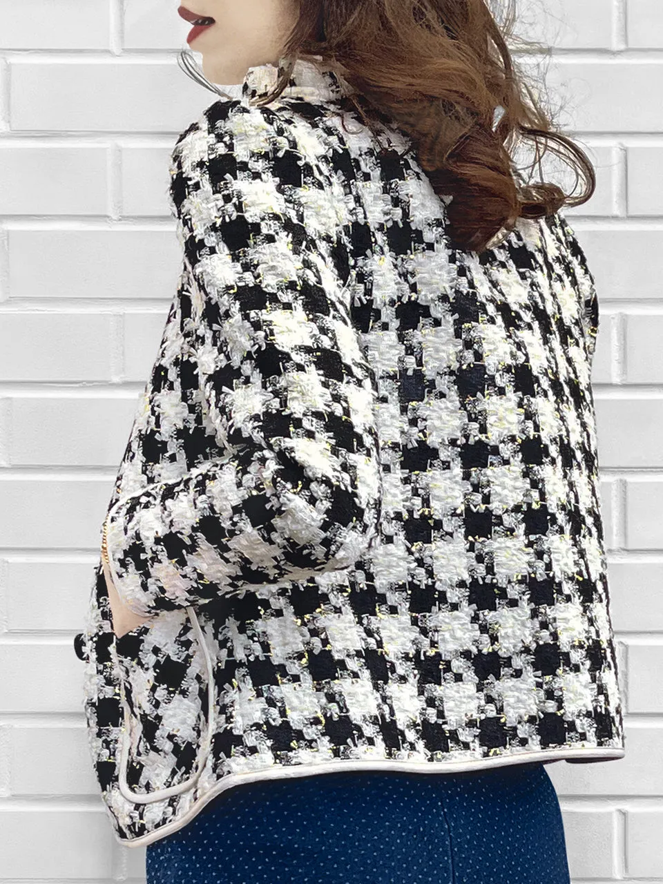 Last Chance! Houndstooth Ruffle Neckline Bouclè Tweed Woollen Jacket