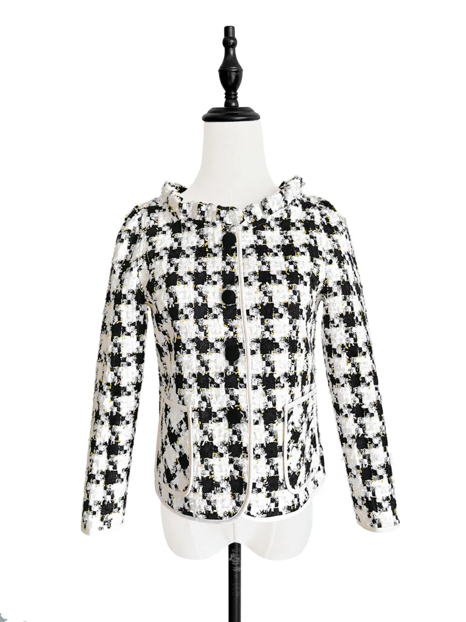 Last Chance! Houndstooth Ruffle Neckline Bouclè Tweed Woollen Jacket