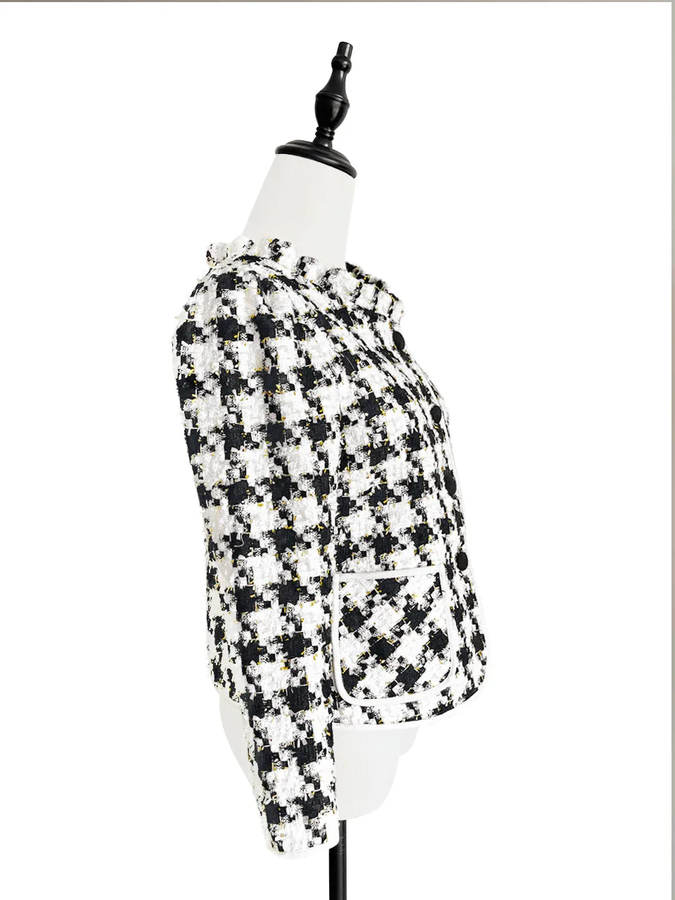 Last Chance! Houndstooth Ruffle Neckline Bouclè Tweed Woollen Jacket