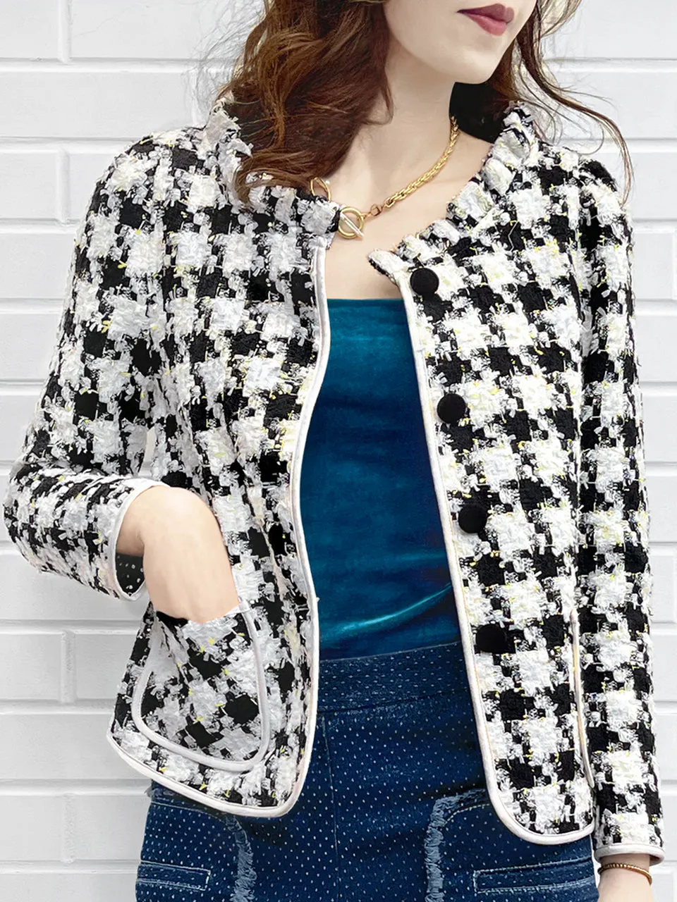 Last Chance! Houndstooth Ruffle Neckline Bouclè Tweed Woollen Jacket