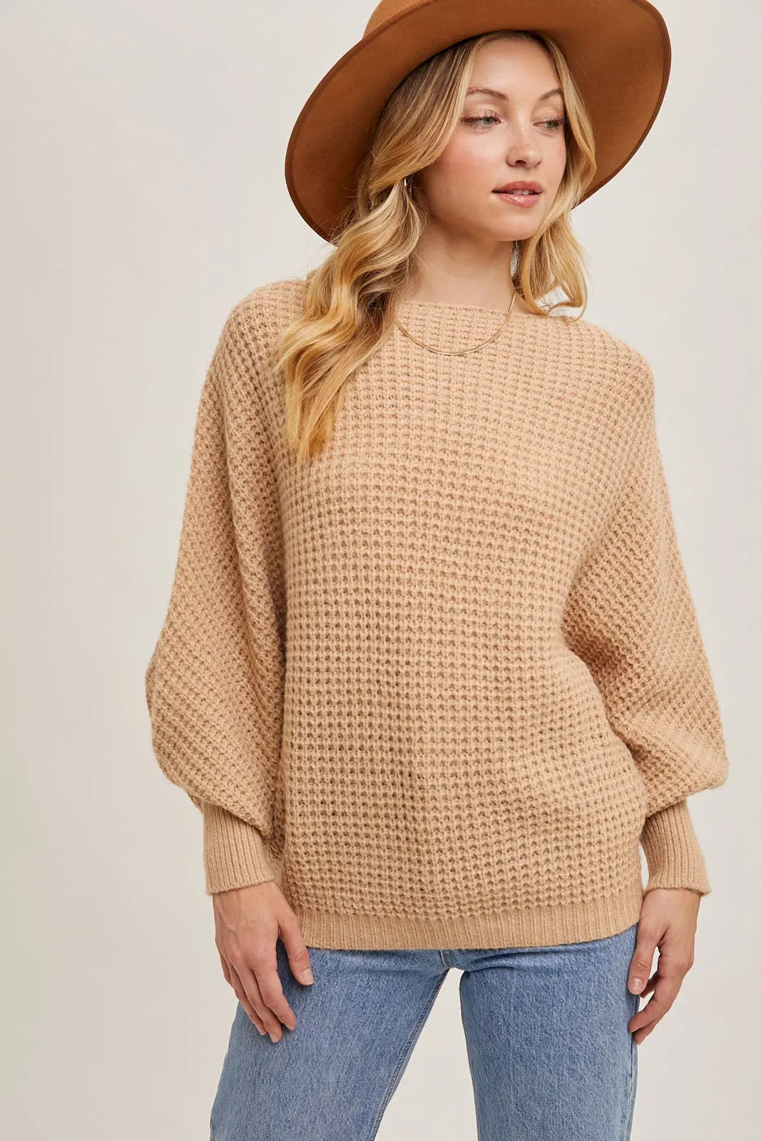 Latte Boatneck Waffle Sleeve Sweater