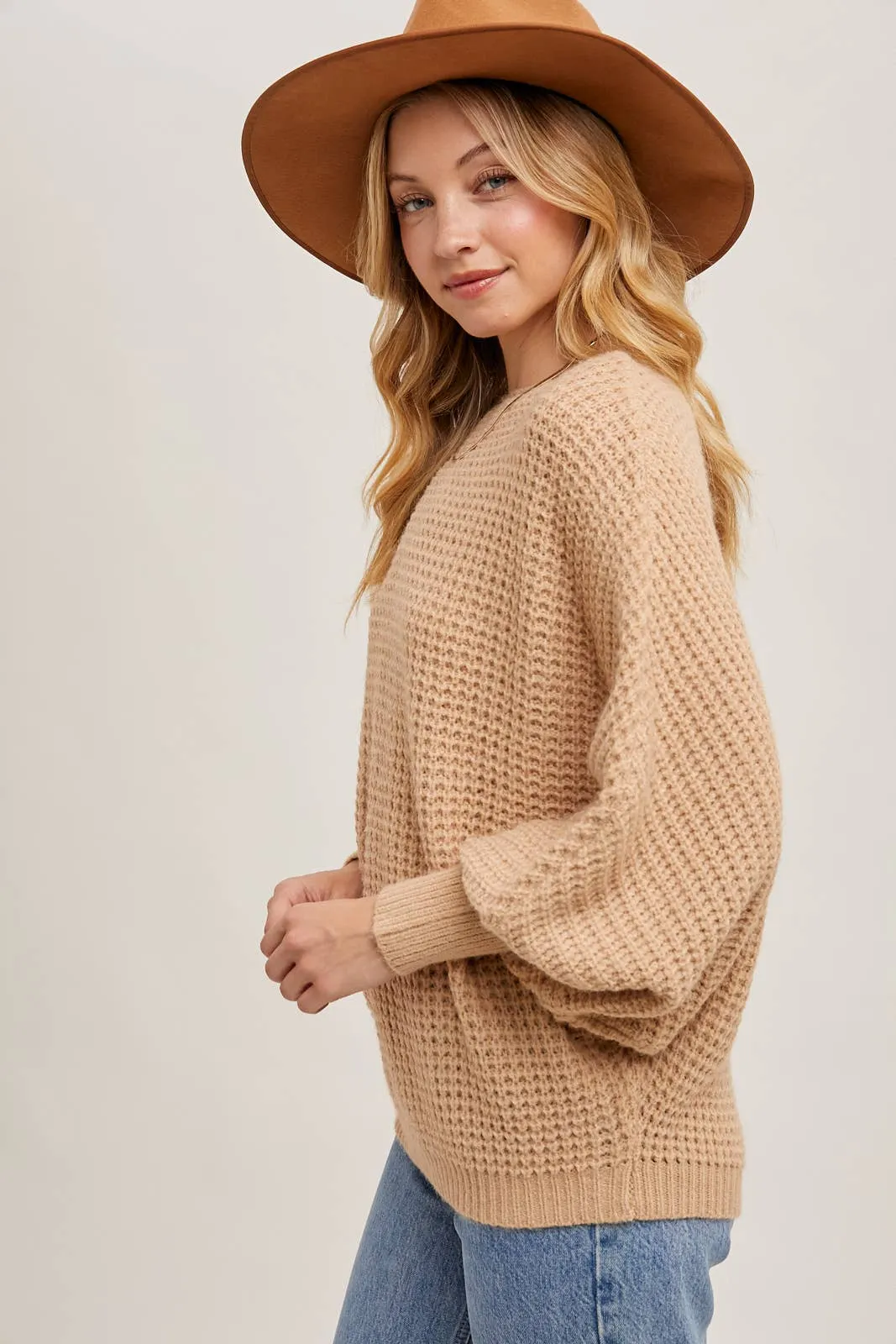 Latte Boatneck Waffle Sleeve Sweater