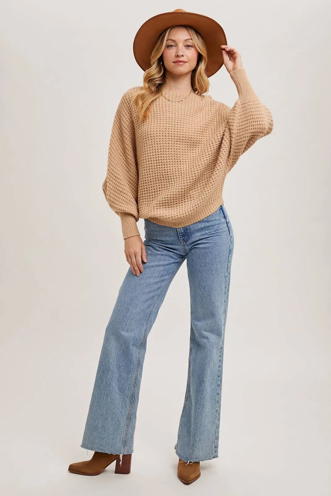 Latte Boatneck Waffle Sleeve Sweater