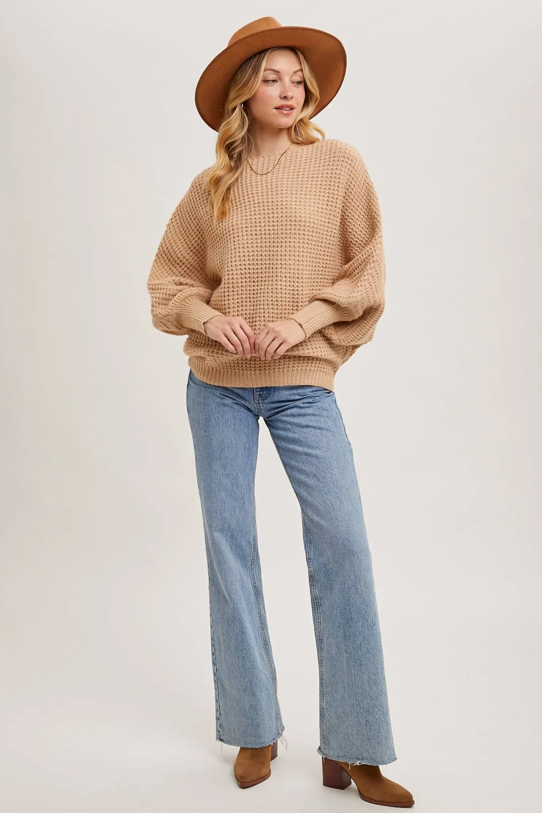 Latte Boatneck Waffle Sleeve Sweater