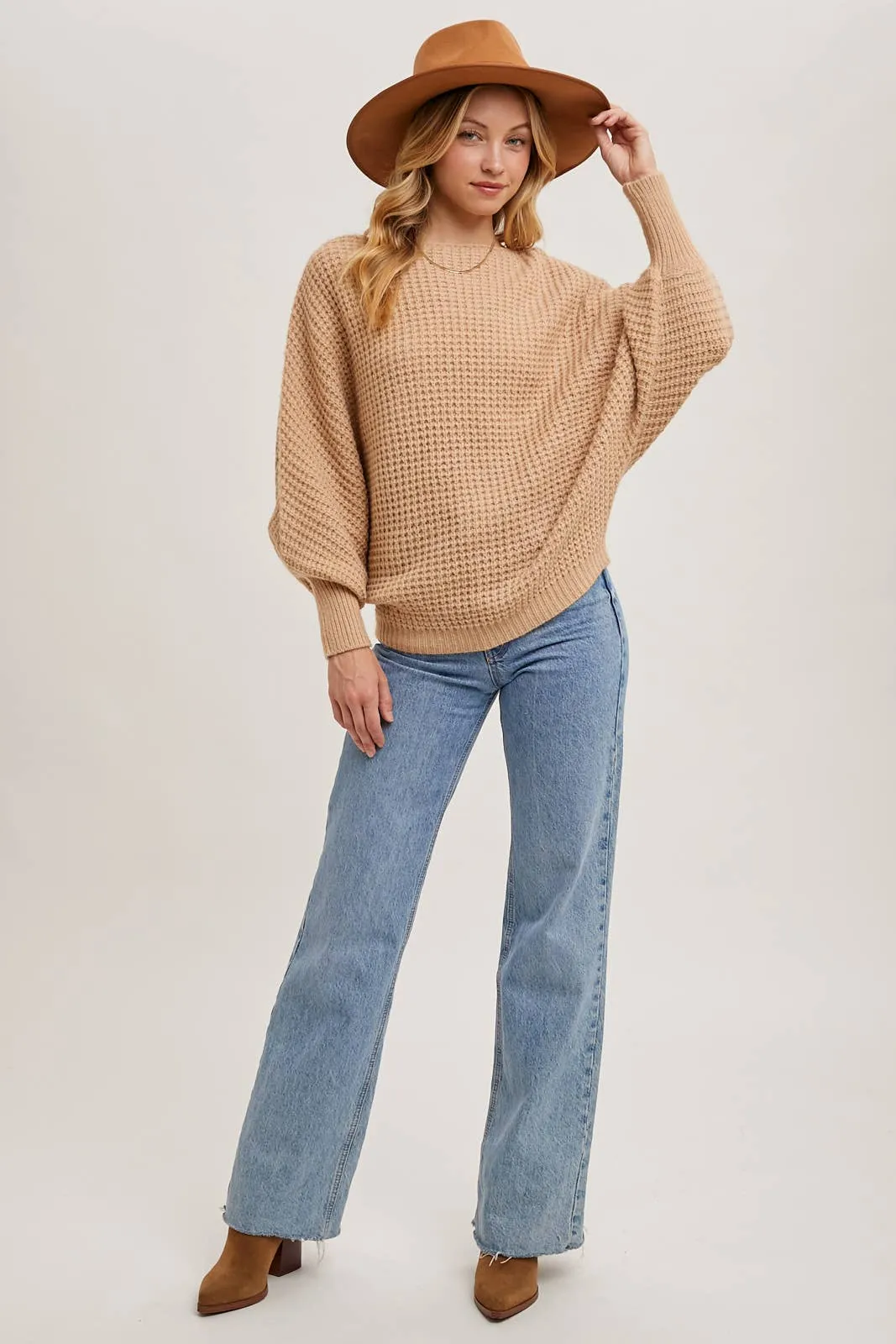 Latte Boatneck Waffle Sleeve Sweater