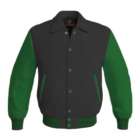 Letterman Varsity Classic Jacket Black Body and Green Leather Sleeves