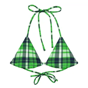 Lime Green and Navy Blue Preppy Surfer Girl Plaid String Bikini Top