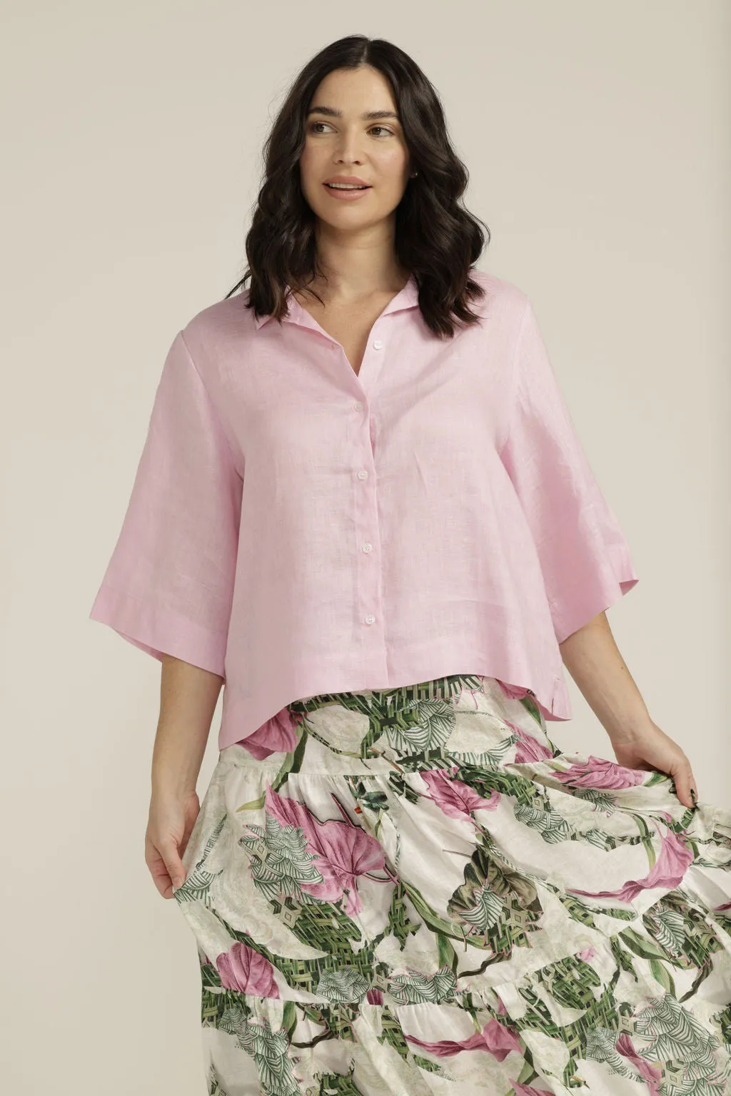 Linen Cropped Shirt Bubblegum