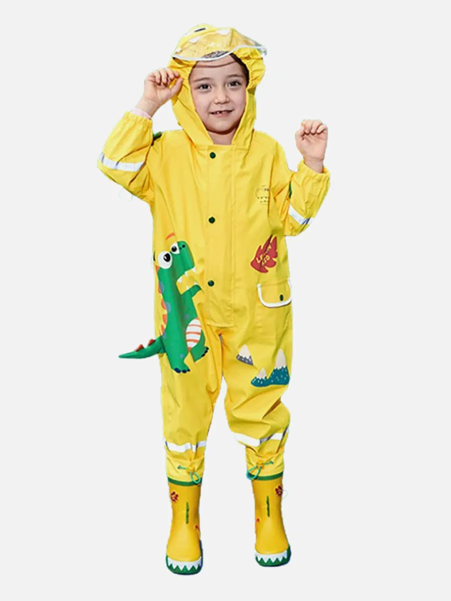 Little Surprise Box Bright Yellow 3D Dino Theme All Over Jumpsuit / Playsuit Raincoat for Kids