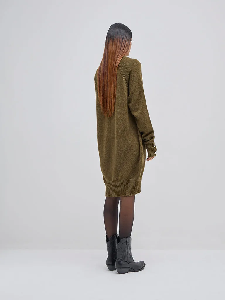 LOV Olive Knit-Textured Straight Dress