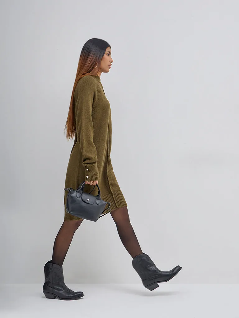 LOV Olive Knit-Textured Straight Dress