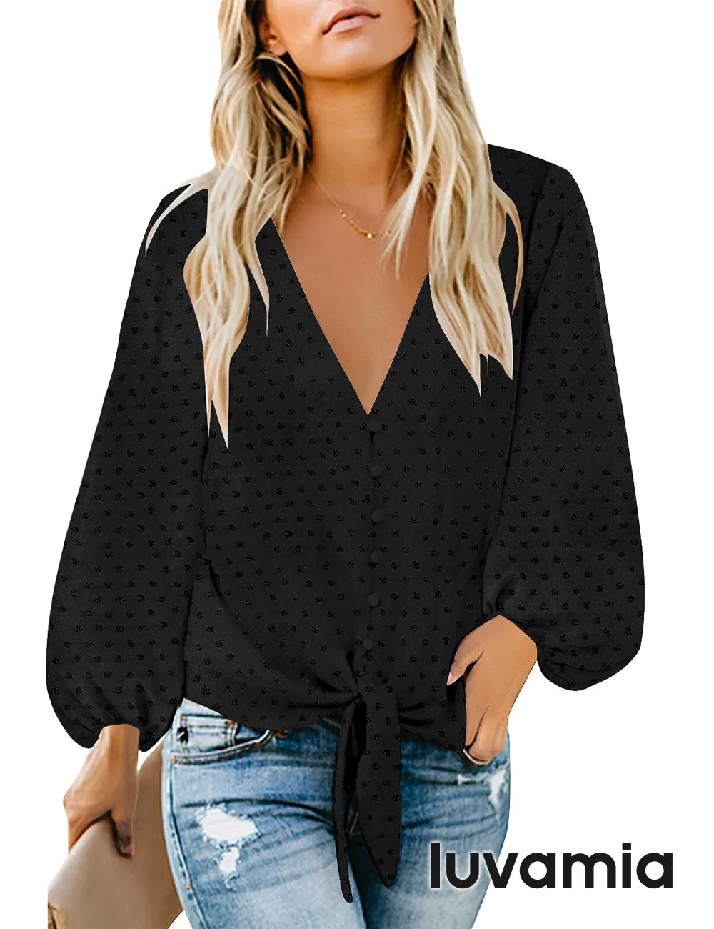 luvamia Women's Casual Long Balloon Sleeve V Neck Loose Button Down Shirts Tie Knot Tops Blouse