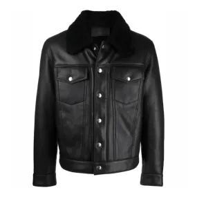 Men's Black Faux Shearling Fur Collar Bomber Leather Jacket