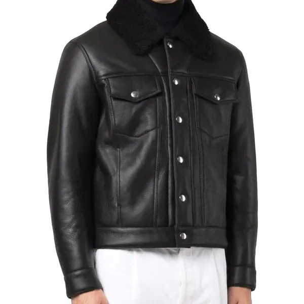 Men's Black Faux Shearling Fur Collar Bomber Leather Jacket