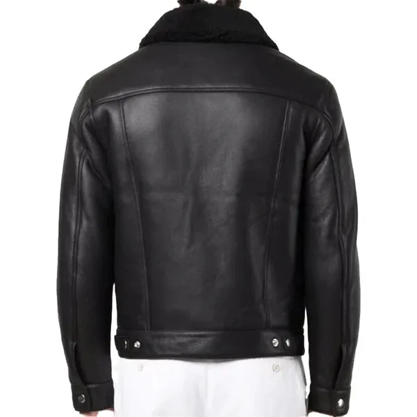 Men's Black Faux Shearling Fur Collar Bomber Leather Jacket