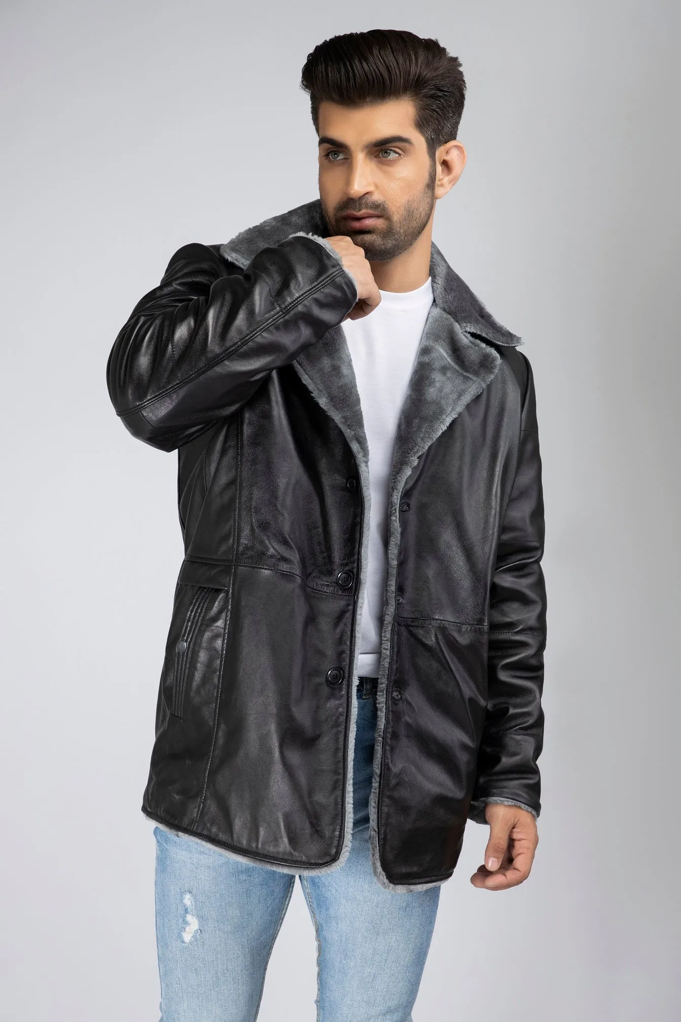 Mens Chaz Front Button Faux Fur Lined Leather Coat