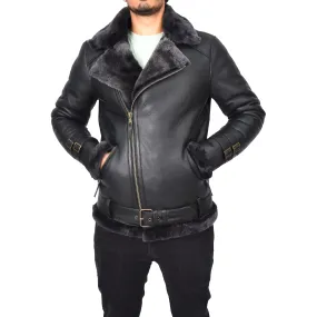 Men's Classic Aviator Real Sheepskin Jacket Flying Squad Black Pelle