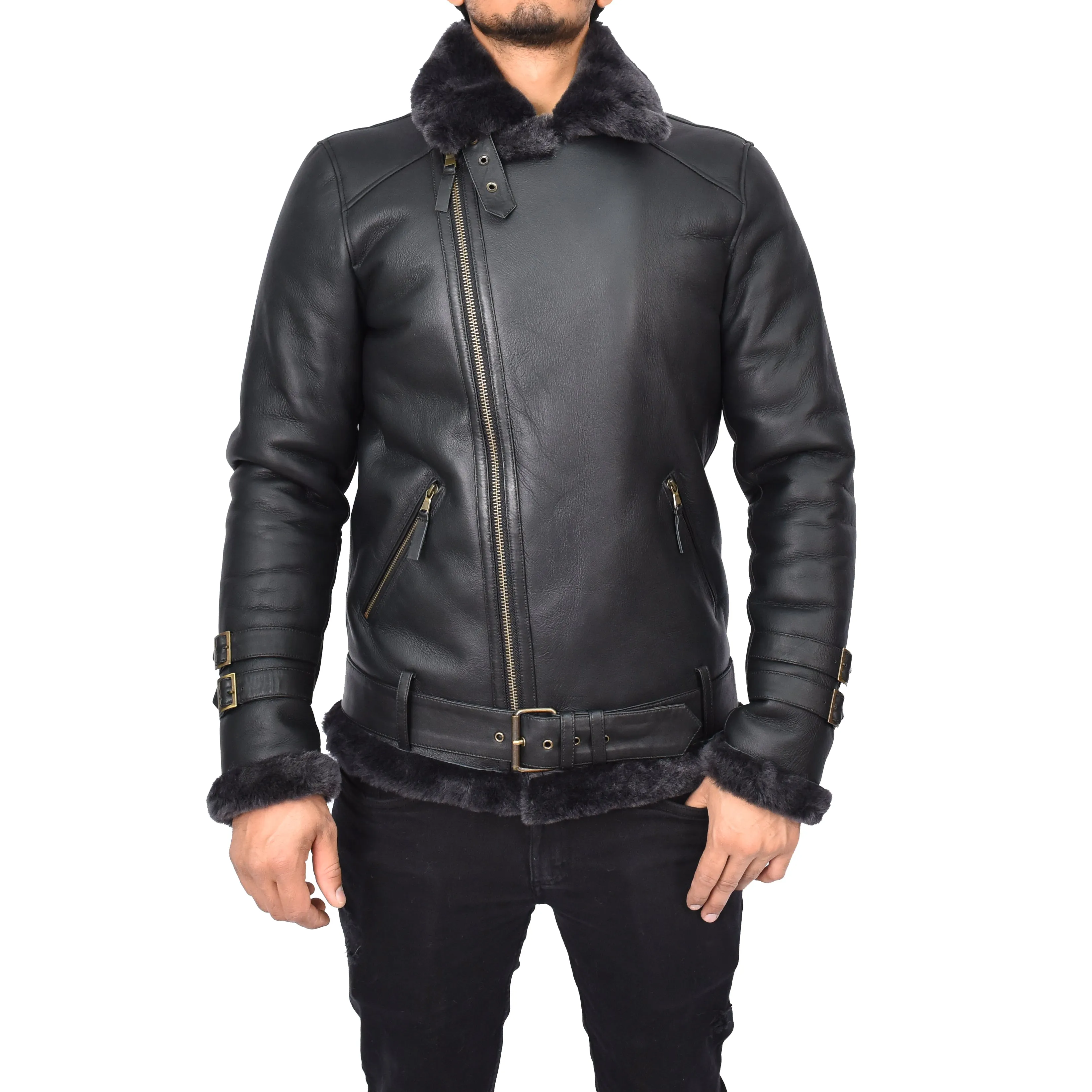 Men's Classic Aviator Real Sheepskin Jacket Flying Squad Black Pelle