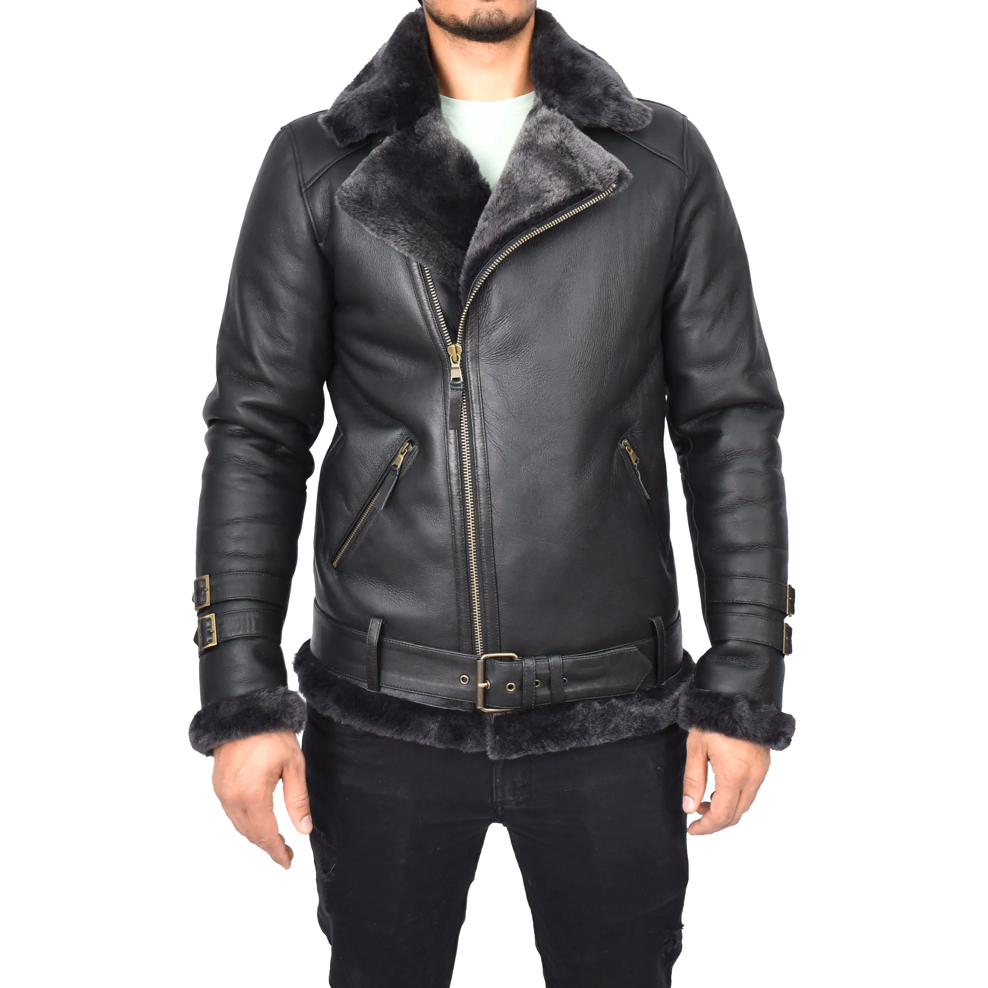 Men's Classic Aviator Real Sheepskin Jacket Flying Squad Black Pelle