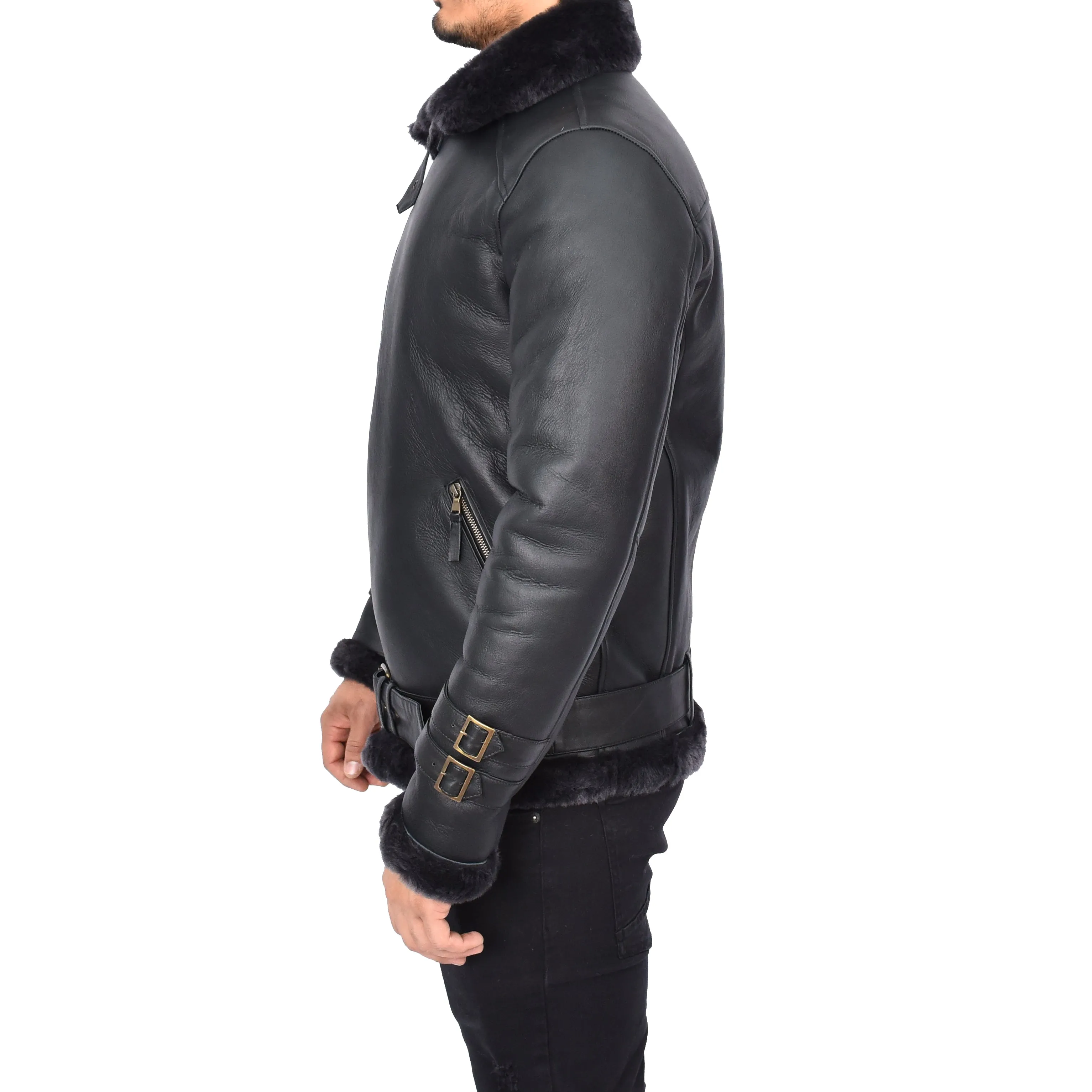 Men's Classic Aviator Real Sheepskin Jacket Flying Squad Black Pelle