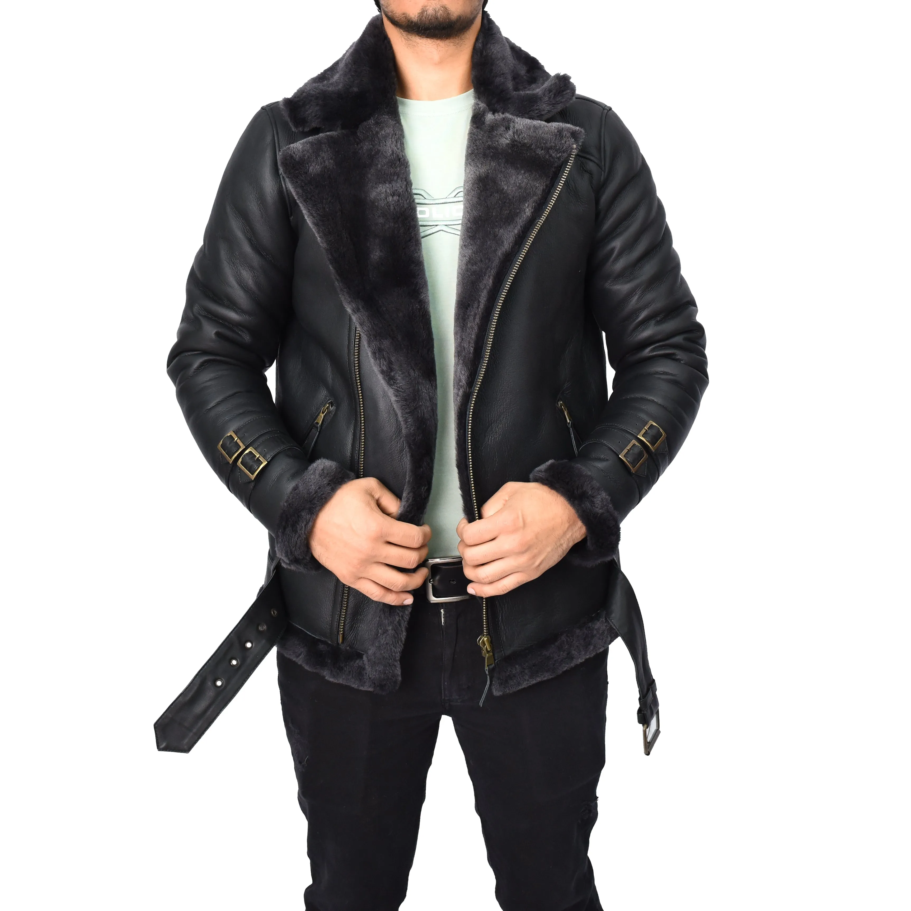 Men's Classic Aviator Real Sheepskin Jacket Flying Squad Black Pelle