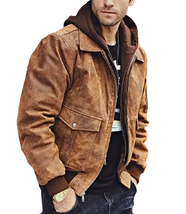 Mens Kevin Genuine Brown Leather Hooded Bomber Jacket