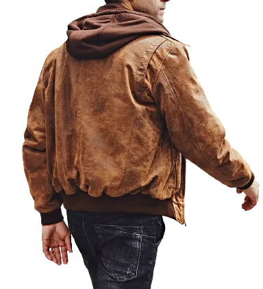 Mens Kevin Genuine Brown Leather Hooded Bomber Jacket